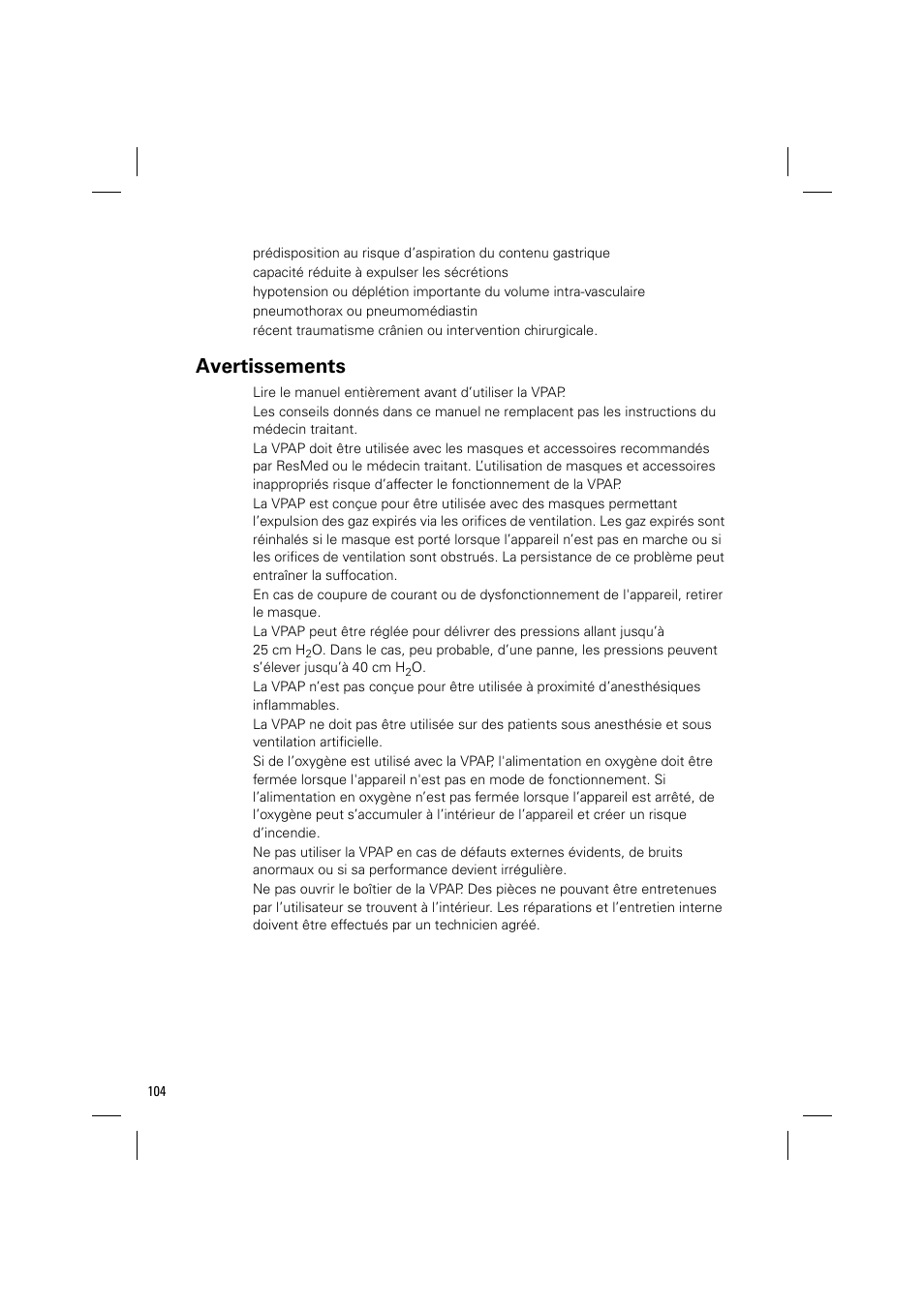 Avertissements | ResMed VPAP III & III ST User Manual | Page 110 / 348