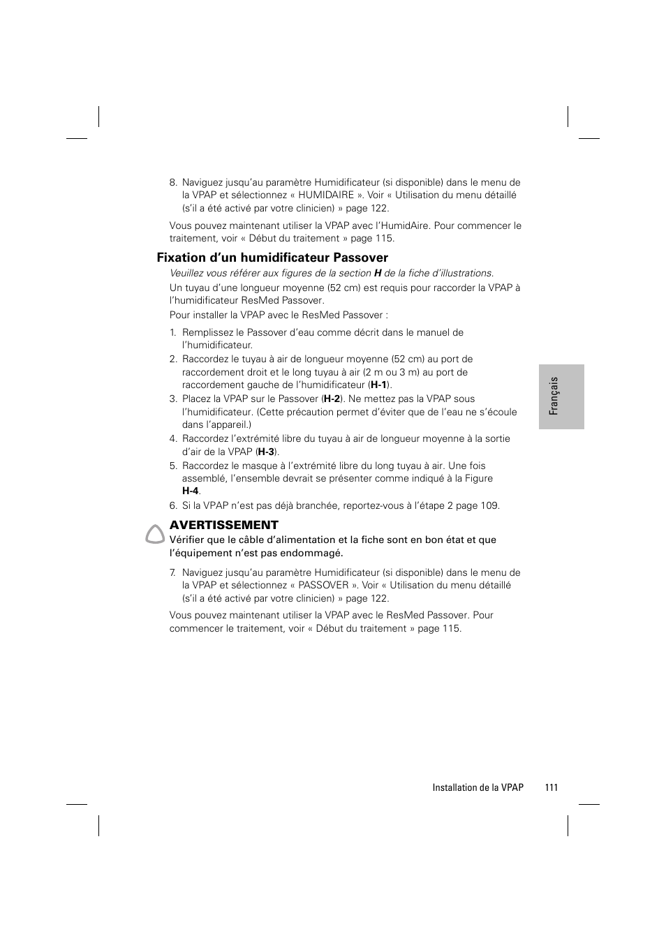 Fixation d’un humidificateur passover | ResMed VPAP III & III ST User Manual | Page 117 / 348