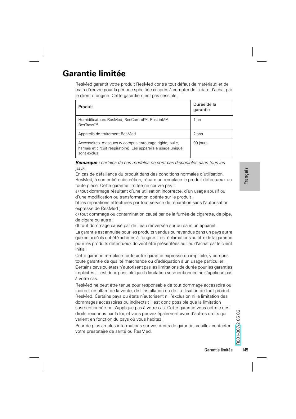 Garantie limitée | ResMed VPAP III & III ST User Manual | Page 151 / 348