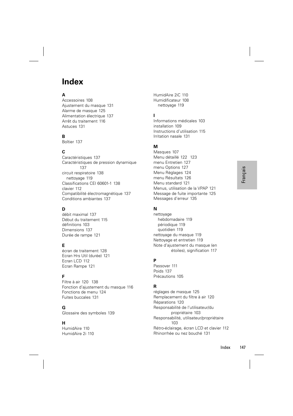 Index | ResMed VPAP III & III ST User Manual | Page 153 / 348
