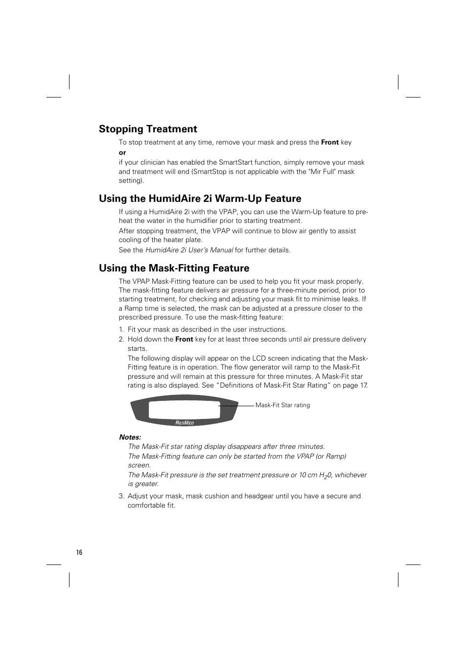 Stopping treatment, Using the humidaire 2i warm-up feature, Using the mask-fitting feature | ResMed VPAP III & III ST User Manual | Page 22 / 348