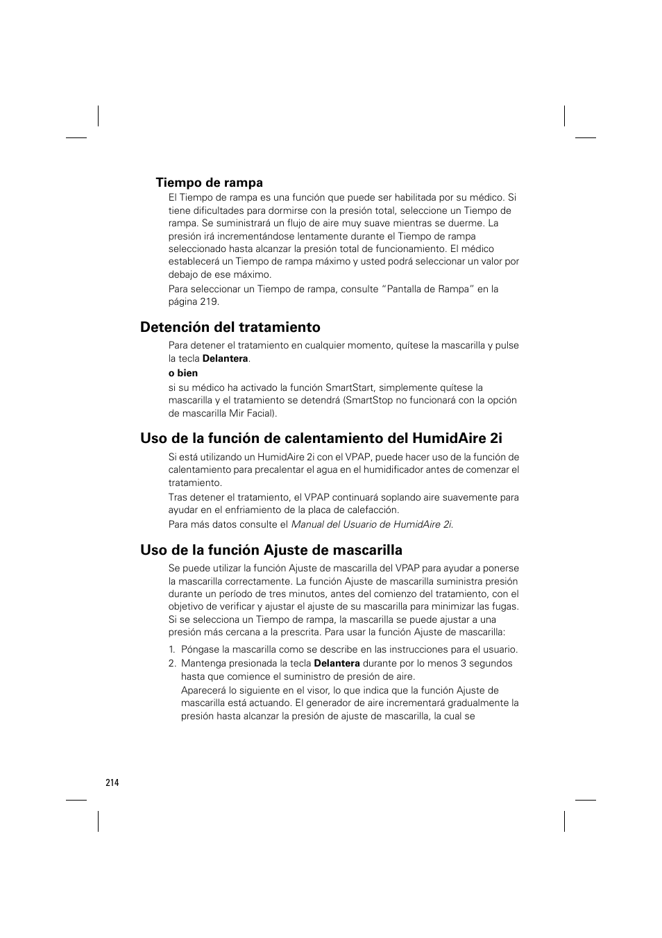 Detención del tratamiento, Uso de la función ajuste de mascarilla | ResMed VPAP III & III ST User Manual | Page 220 / 348