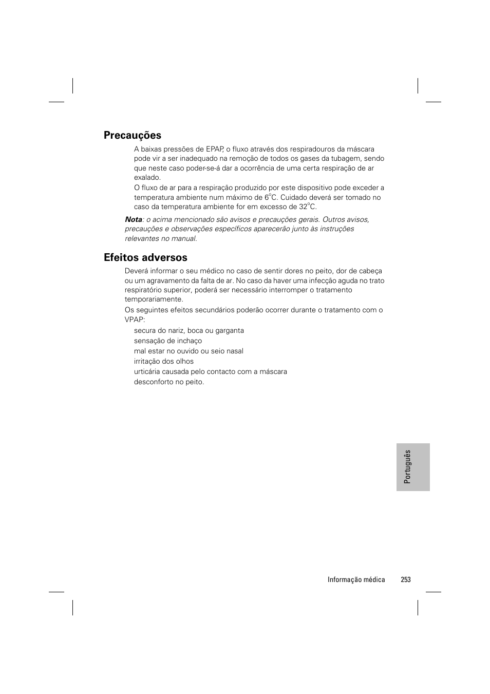 Precauções, Efeitos adversos | ResMed VPAP III & III ST User Manual | Page 259 / 348