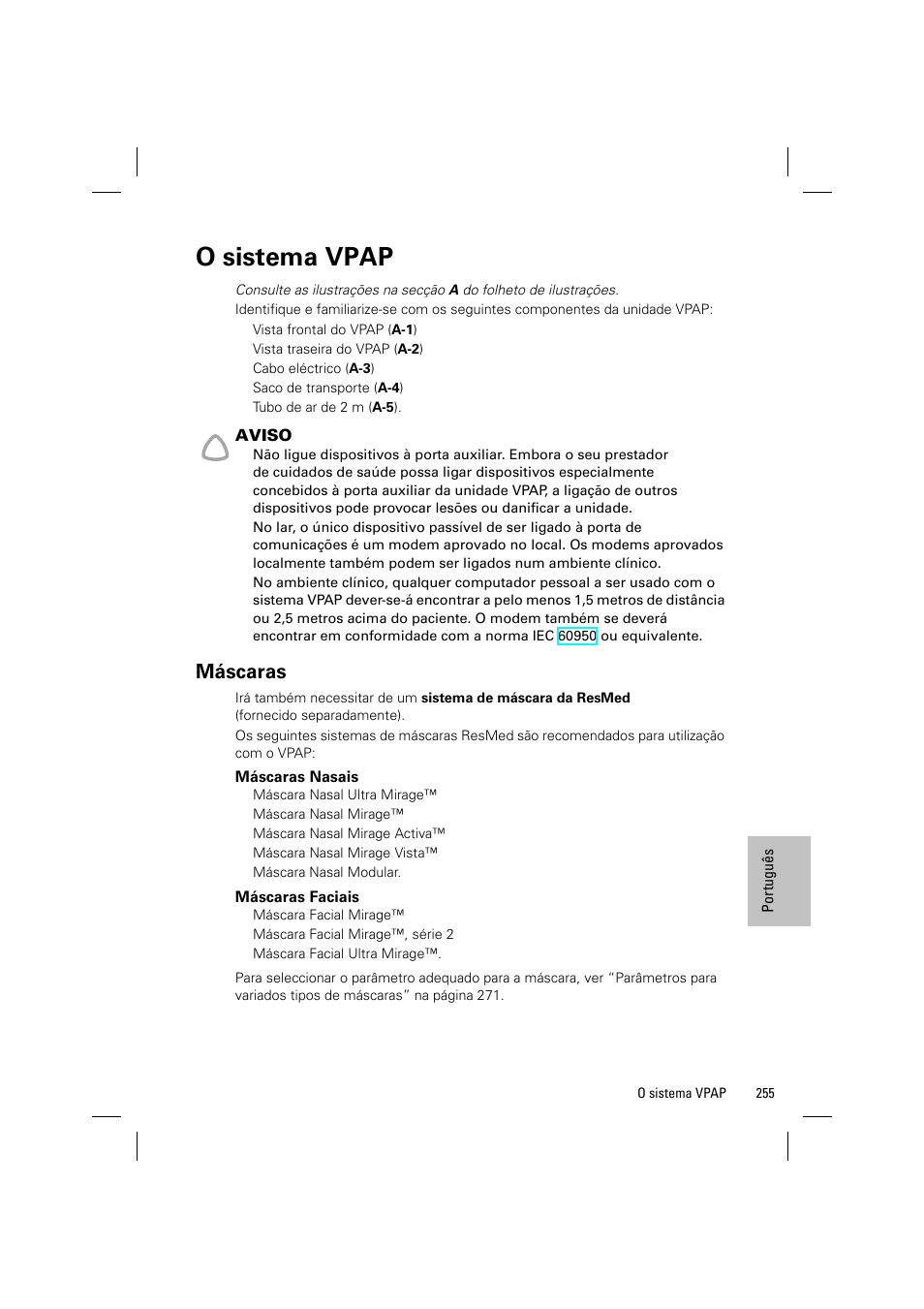 O sistema vpap, Máscaras | ResMed VPAP III & III ST User Manual | Page 261 / 348