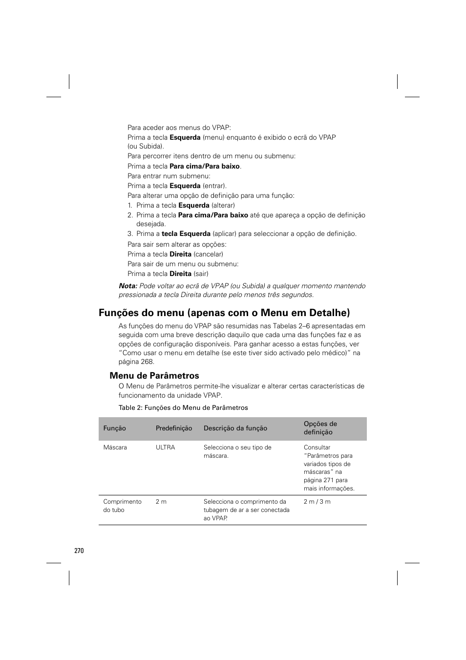 Funções do menu (apenas com o menu em detalhe), Menu de parâmetros | ResMed VPAP III & III ST User Manual | Page 276 / 348