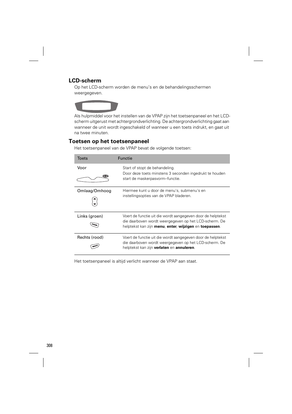 Lcd-scherm, Toetsen op het toetsenpaneel | ResMed VPAP III & III ST User Manual | Page 314 / 348