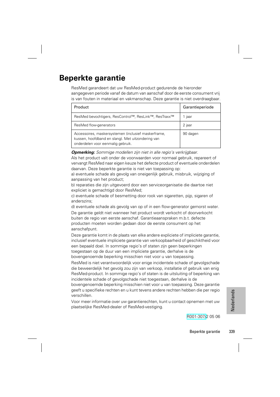 Beperkte garantie | ResMed VPAP III & III ST User Manual | Page 345 / 348
