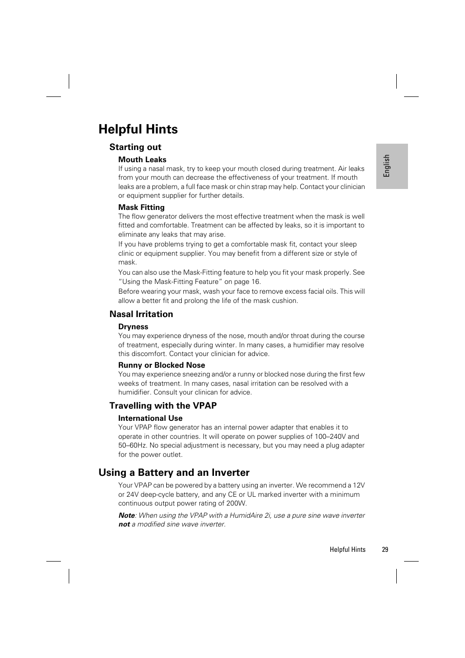 Helpful hints, Using a battery and an inverter | ResMed VPAP III & III ST User Manual | Page 35 / 348