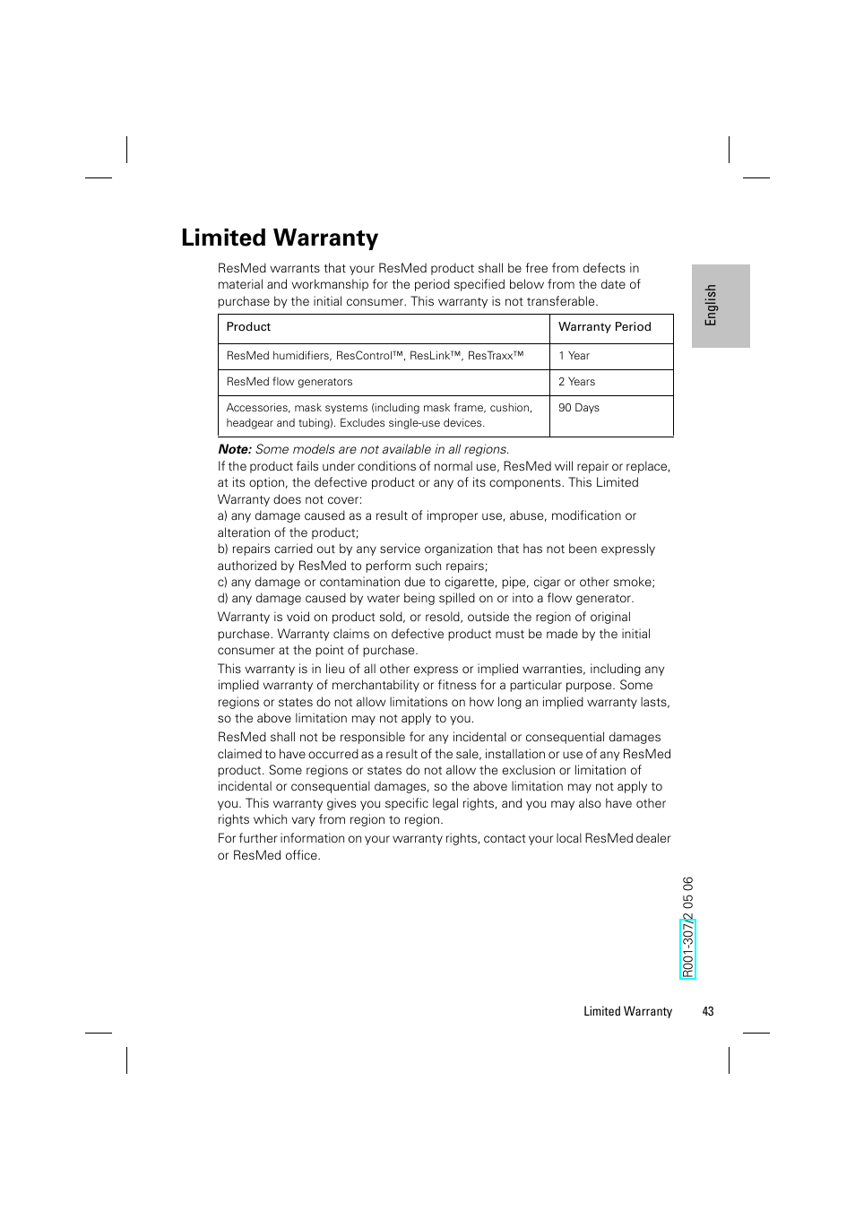 Limited warranty | ResMed VPAP III & III ST User Manual | Page 49 / 348