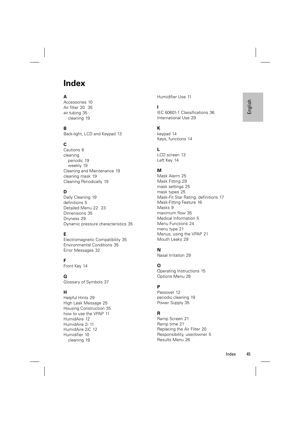Index | ResMed VPAP III & III ST User Manual | Page 51 / 348