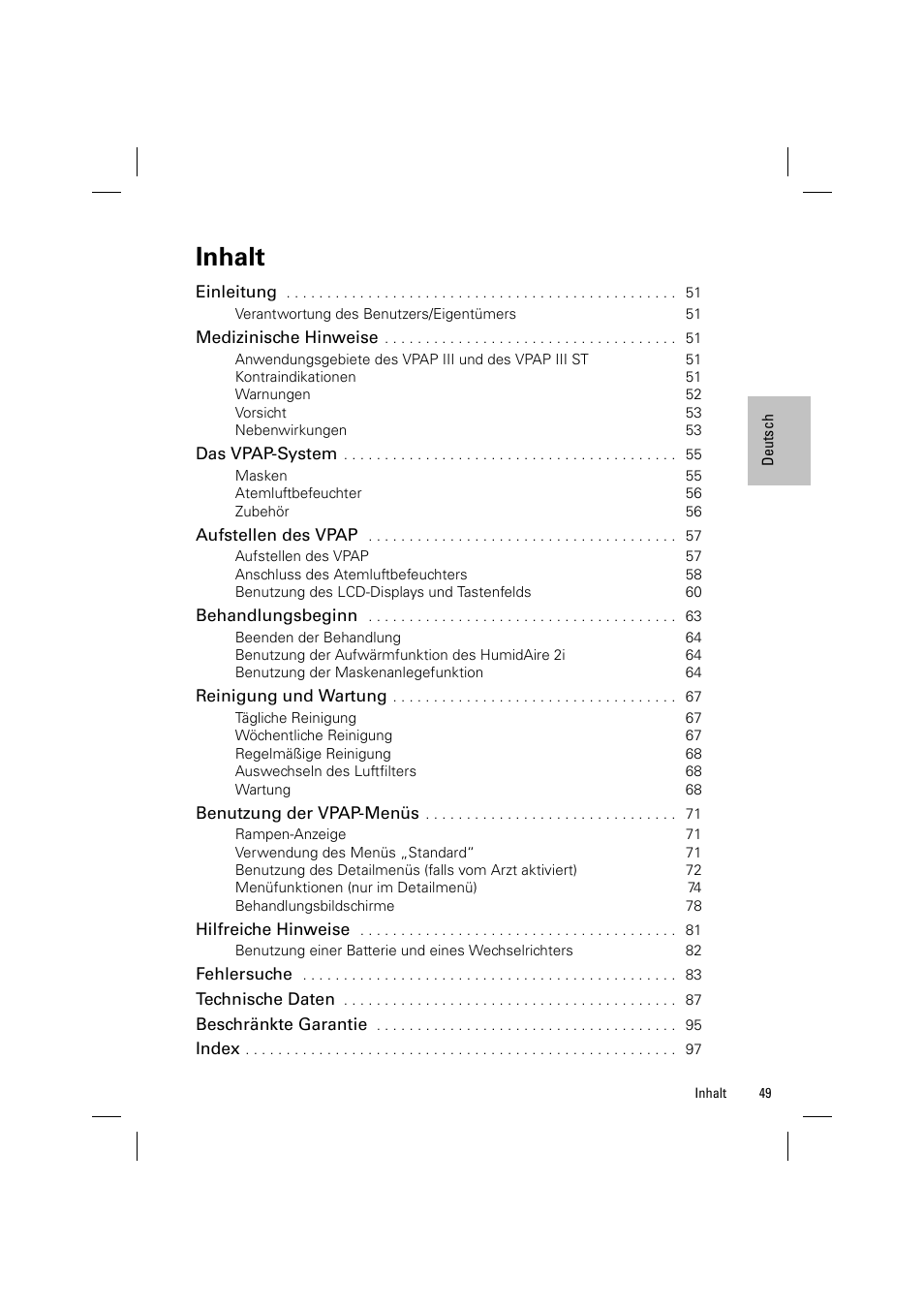 Inhalt | ResMed VPAP III & III ST User Manual | Page 55 / 348