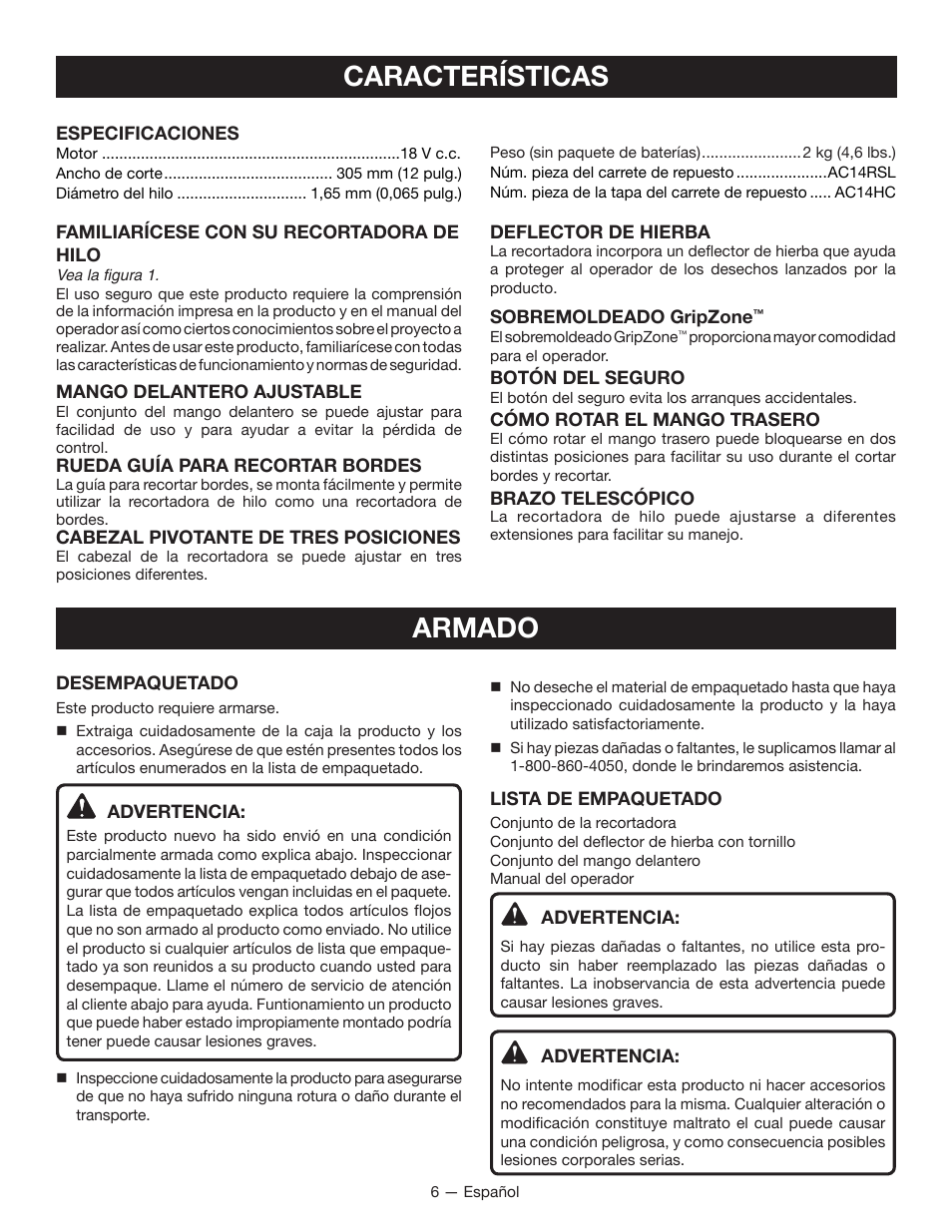 Características, Armado | Ryobi P2002 User Manual | Page 28 / 34