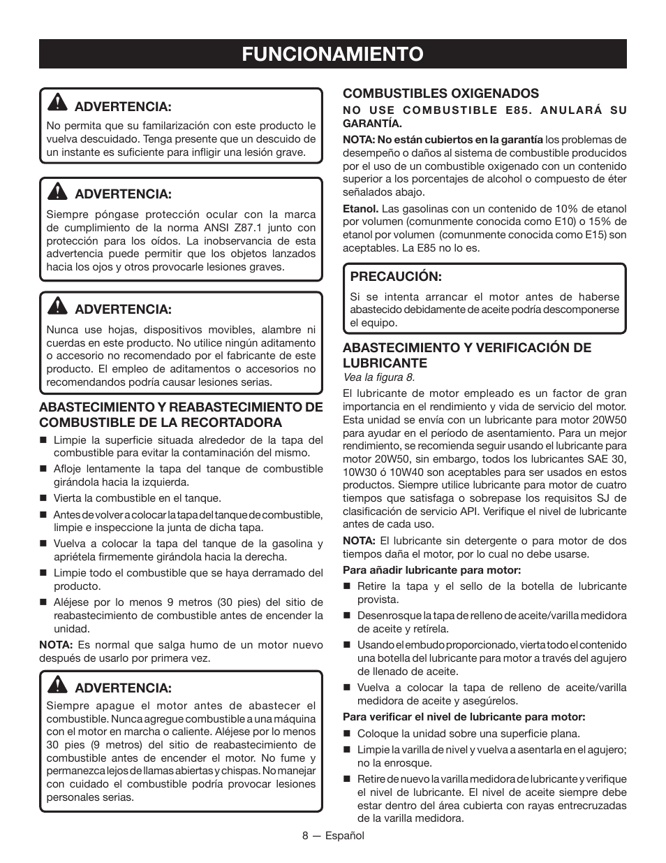 Funcionamiento | Ryobi RY13010 User Manual | Page 36 / 44