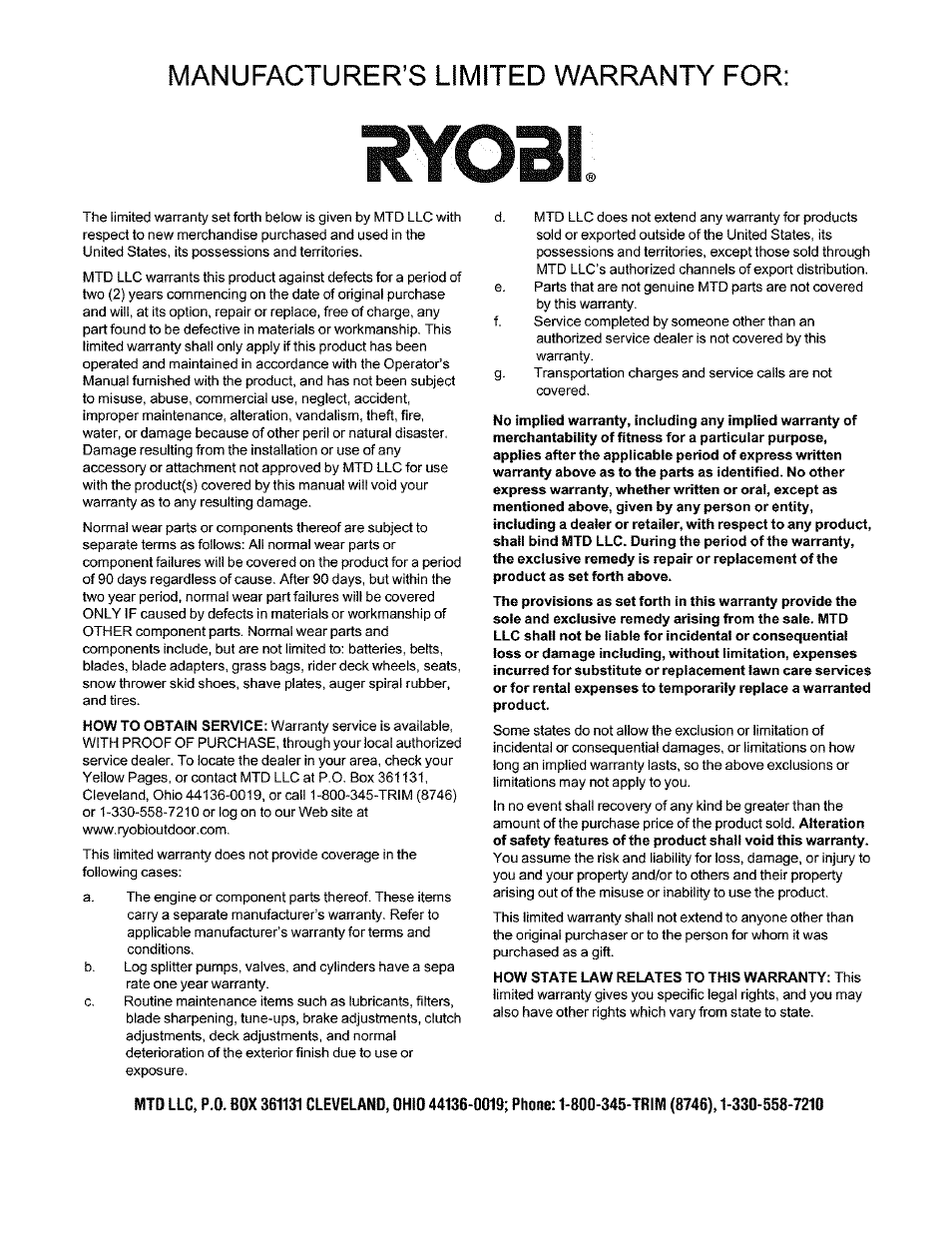 Manufacturer’s limited warranty for, Ryobi | Ryobi 136 User Manual | Page 20 / 20