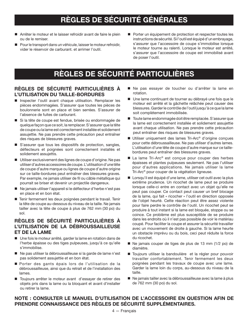 Règles de sécurité particulières, Règles de sécurité générales | Ryobi RY26000 User Manual | Page 17 / 42