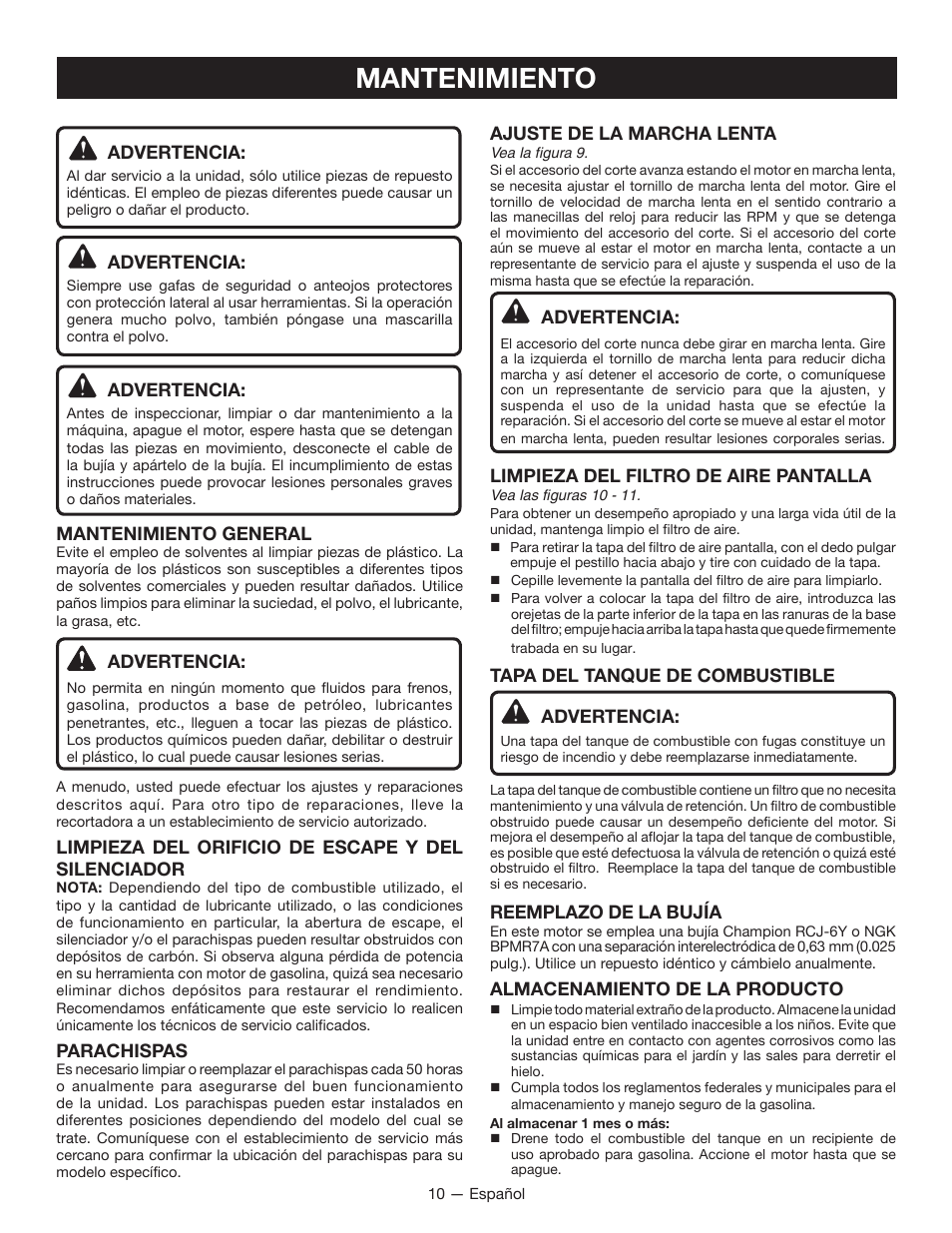 Mantenimiento | Ryobi RY26000 User Manual | Page 35 / 42