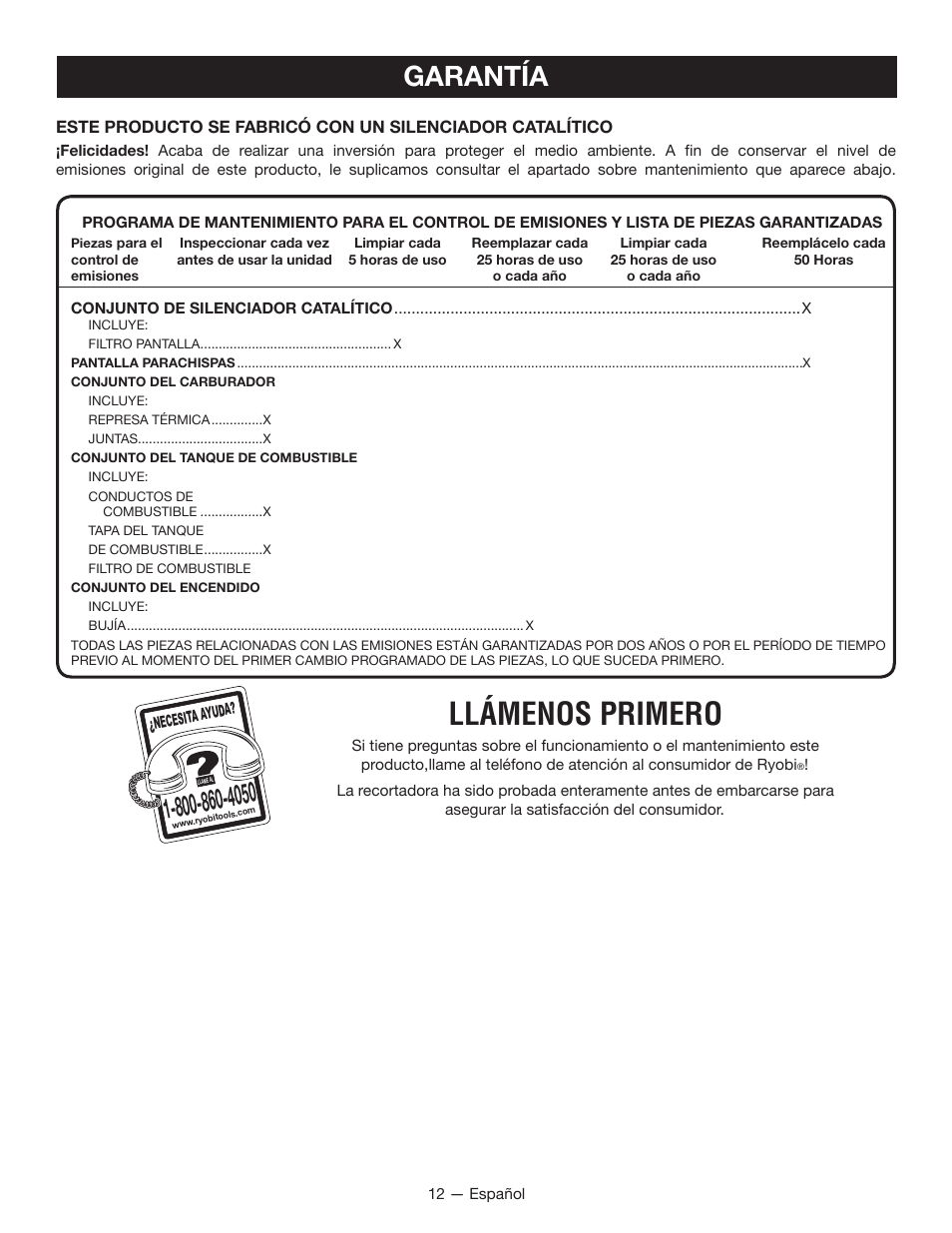 Llámenos primero, Garantía | Ryobi RY26000 User Manual | Page 37 / 42