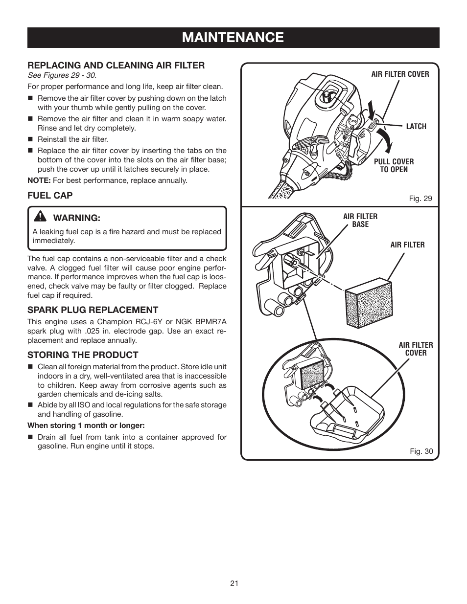 Maintenance | Ryobi RY30542 User Manual | Page 21 / 26