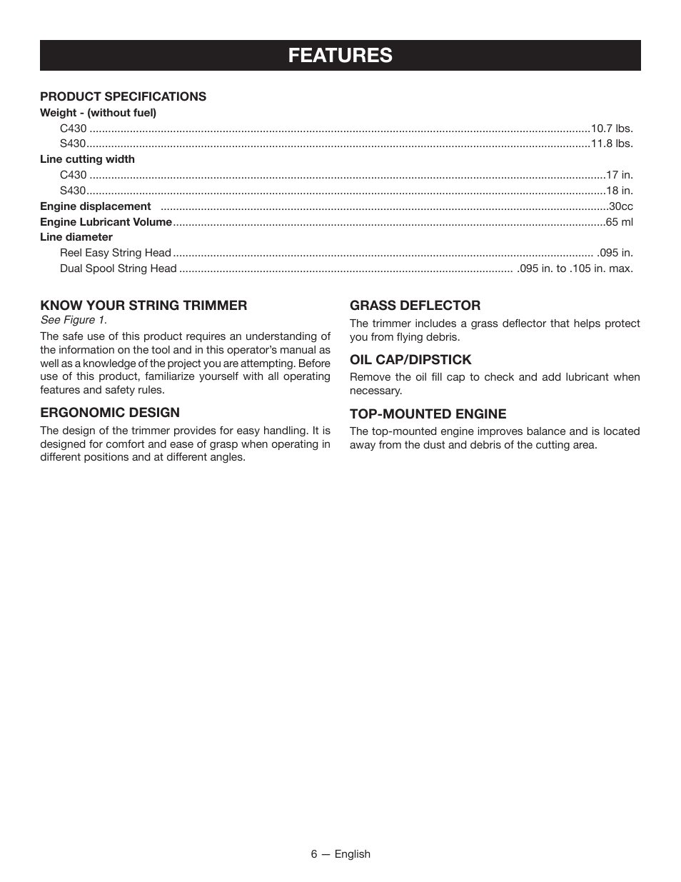 Features | Ryobi S430 RY34441 User Manual | Page 10 / 56