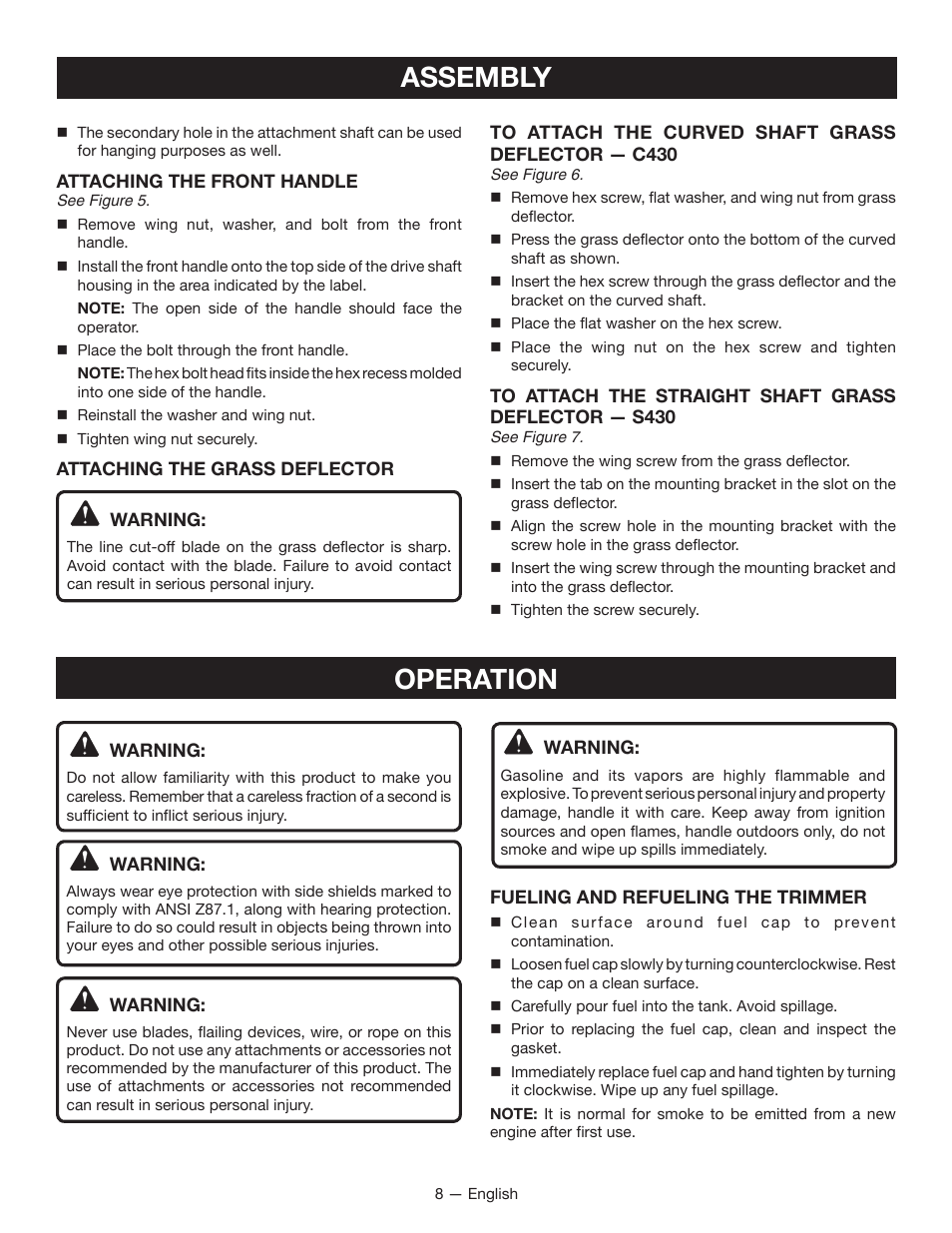 Assembly, Operation | Ryobi S430 RY34441 User Manual | Page 12 / 56