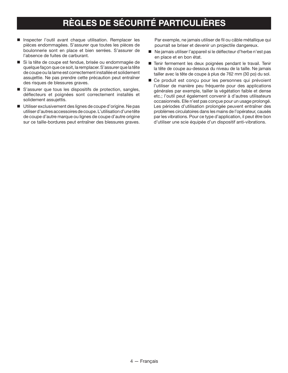 Règles de sécurité particulières | Ryobi S430 RY34441 User Manual | Page 24 / 56