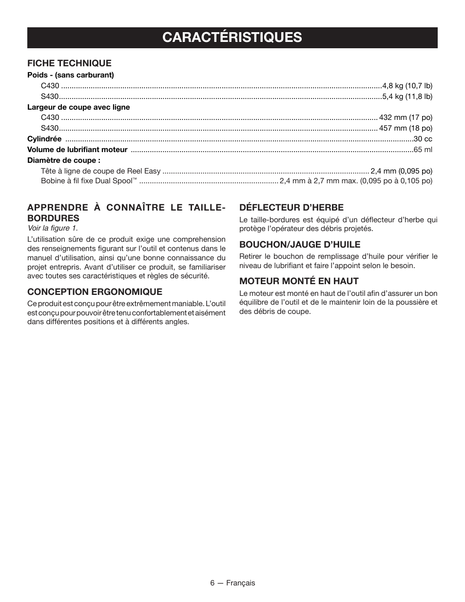 Caractéristiques | Ryobi S430 RY34441 User Manual | Page 26 / 56