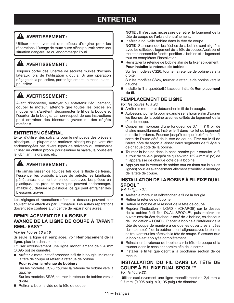Entretien, Avertissement, Entretien général | Remplacement de ligne, Installation de la bobine à fil fixe dual spool | Ryobi S430 RY34441 User Manual | Page 31 / 56