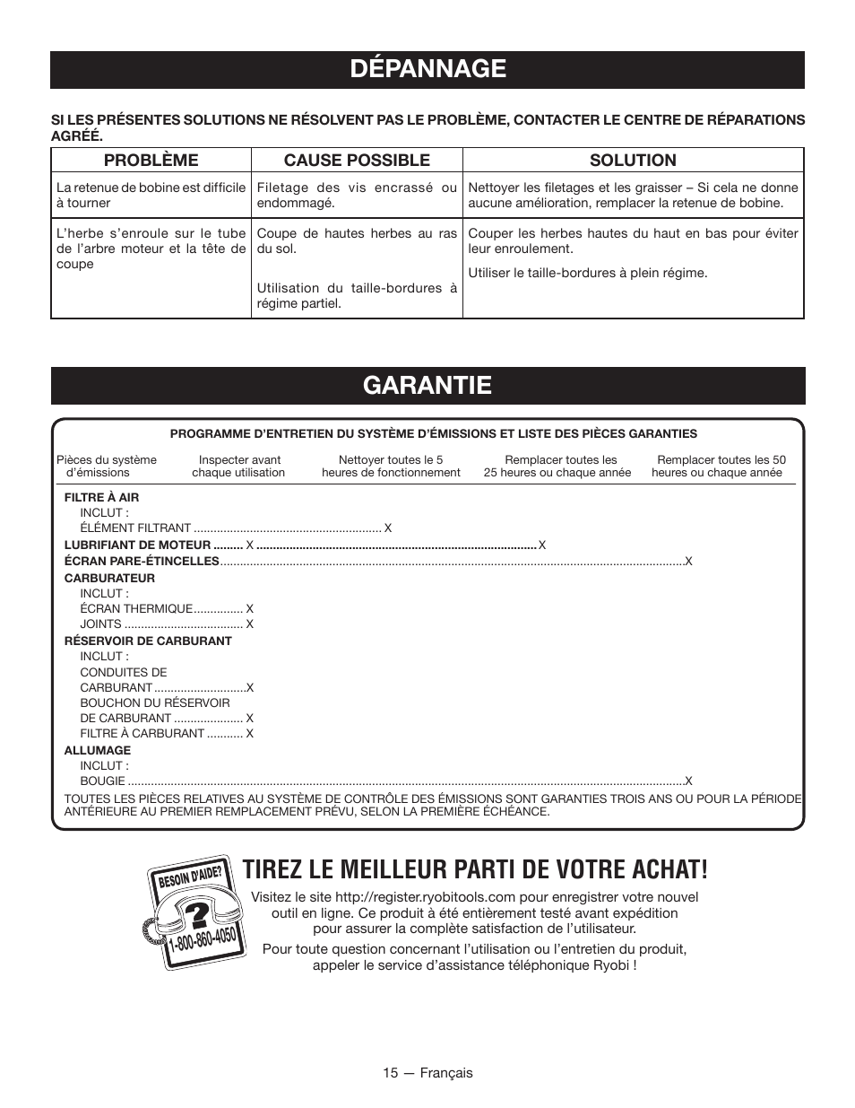 Dépannage garantie, Tirez le meilleur parti de votre achat | Ryobi S430 RY34441 User Manual | Page 35 / 56