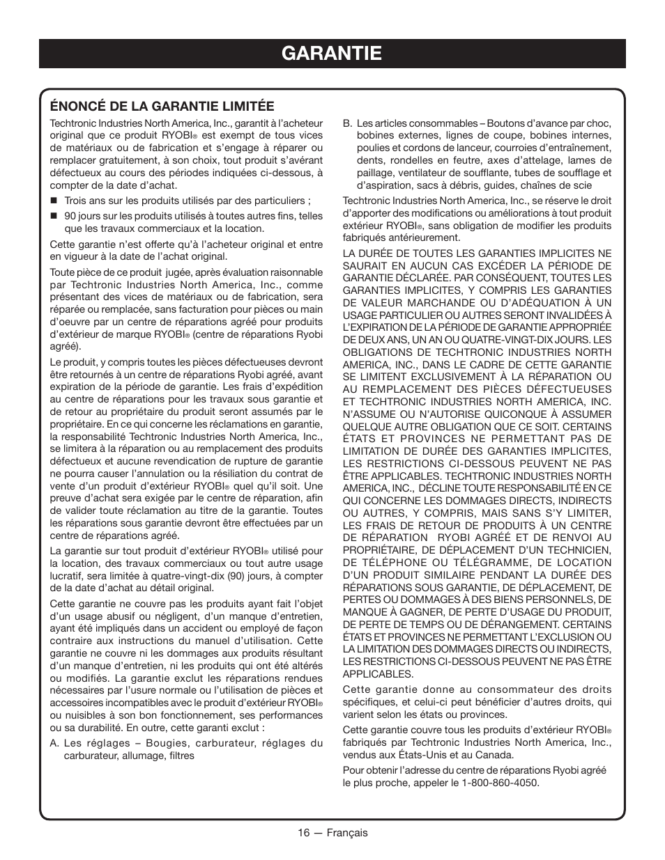 Garantie, Énoncé de la garantie limitée | Ryobi S430 RY34441 User Manual | Page 36 / 56