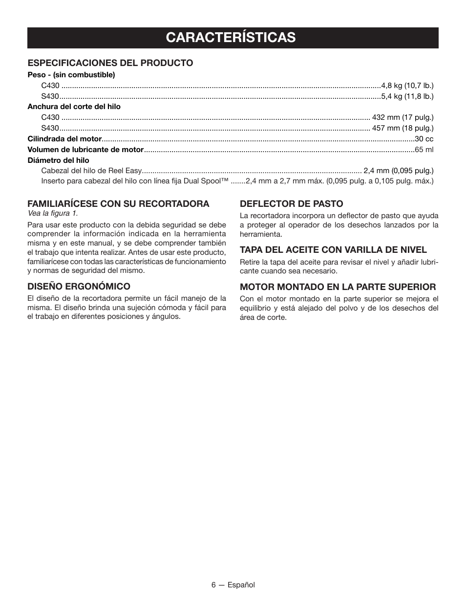 Características | Ryobi S430 RY34441 User Manual | Page 42 / 56