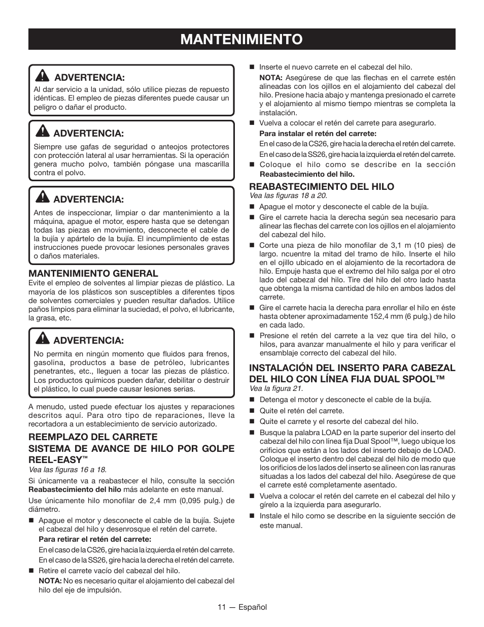 Mantenimiento, Advertencia, Mantenimiento general | Reabastecimiento del hilo | Ryobi S430 RY34441 User Manual | Page 47 / 56