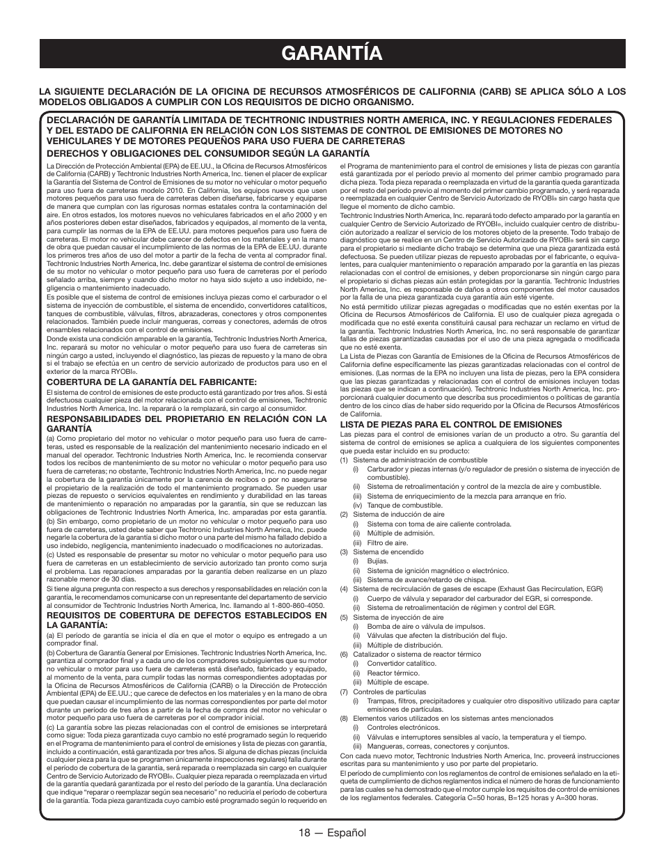 Garantía, 18 — español | Ryobi S430 RY34441 User Manual | Page 54 / 56