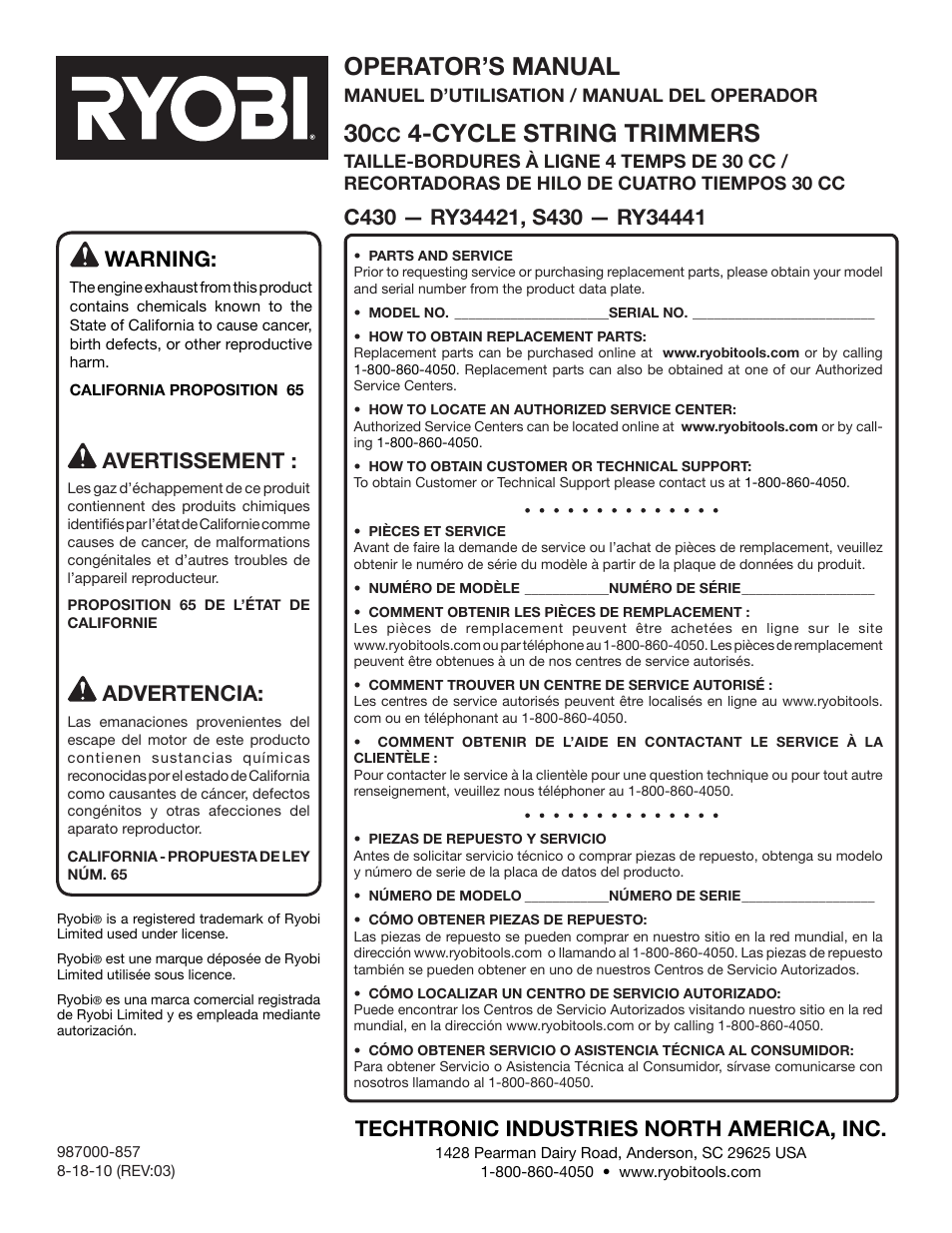 Operator’s manual, Cycle string trimmers, Warning | Techtronic industries north america, inc, Advertencia | Ryobi S430 RY34441 User Manual | Page 56 / 56