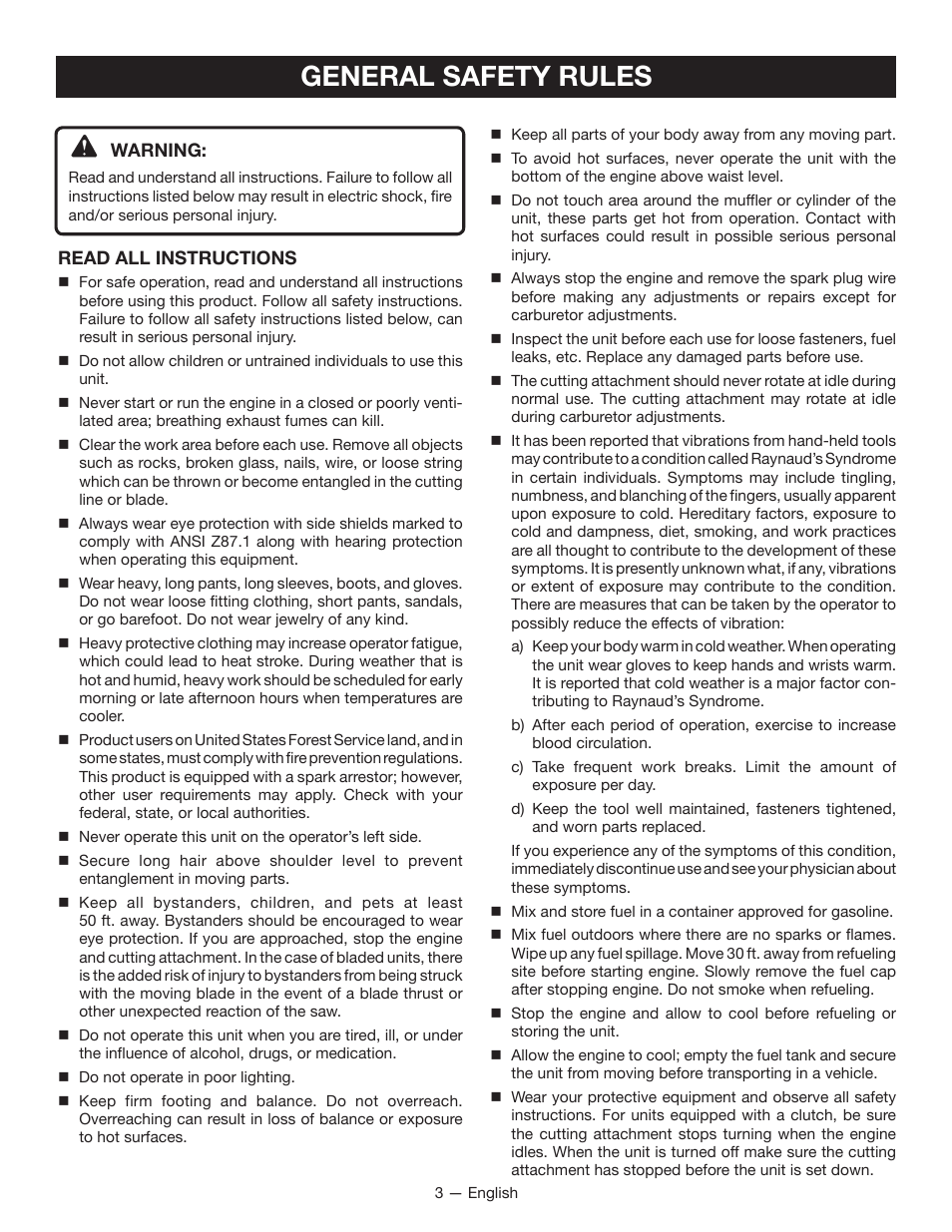 General safety rules | Ryobi S430 RY34441 User Manual | Page 7 / 56