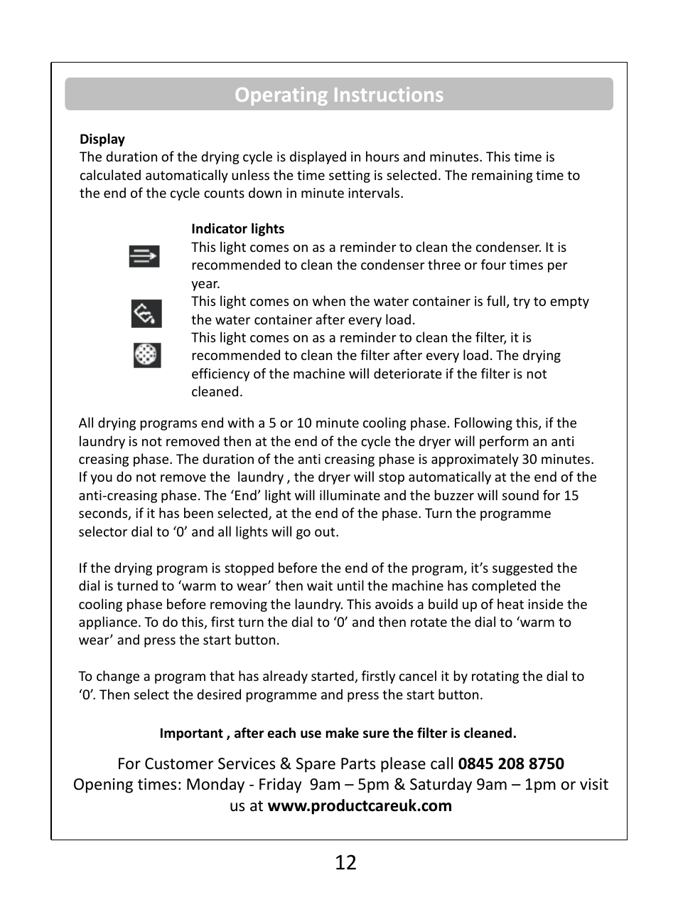 Operating instructions | RUSSELL HOBBS Condenser Tumble Dryer RHCTD200B User Manual | Page 14 / 24