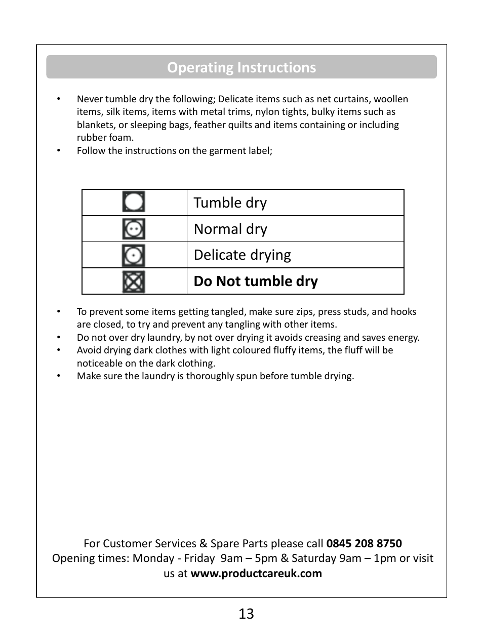 Operating instructions | RUSSELL HOBBS Condenser Tumble Dryer RHCTD200B User Manual | Page 15 / 24