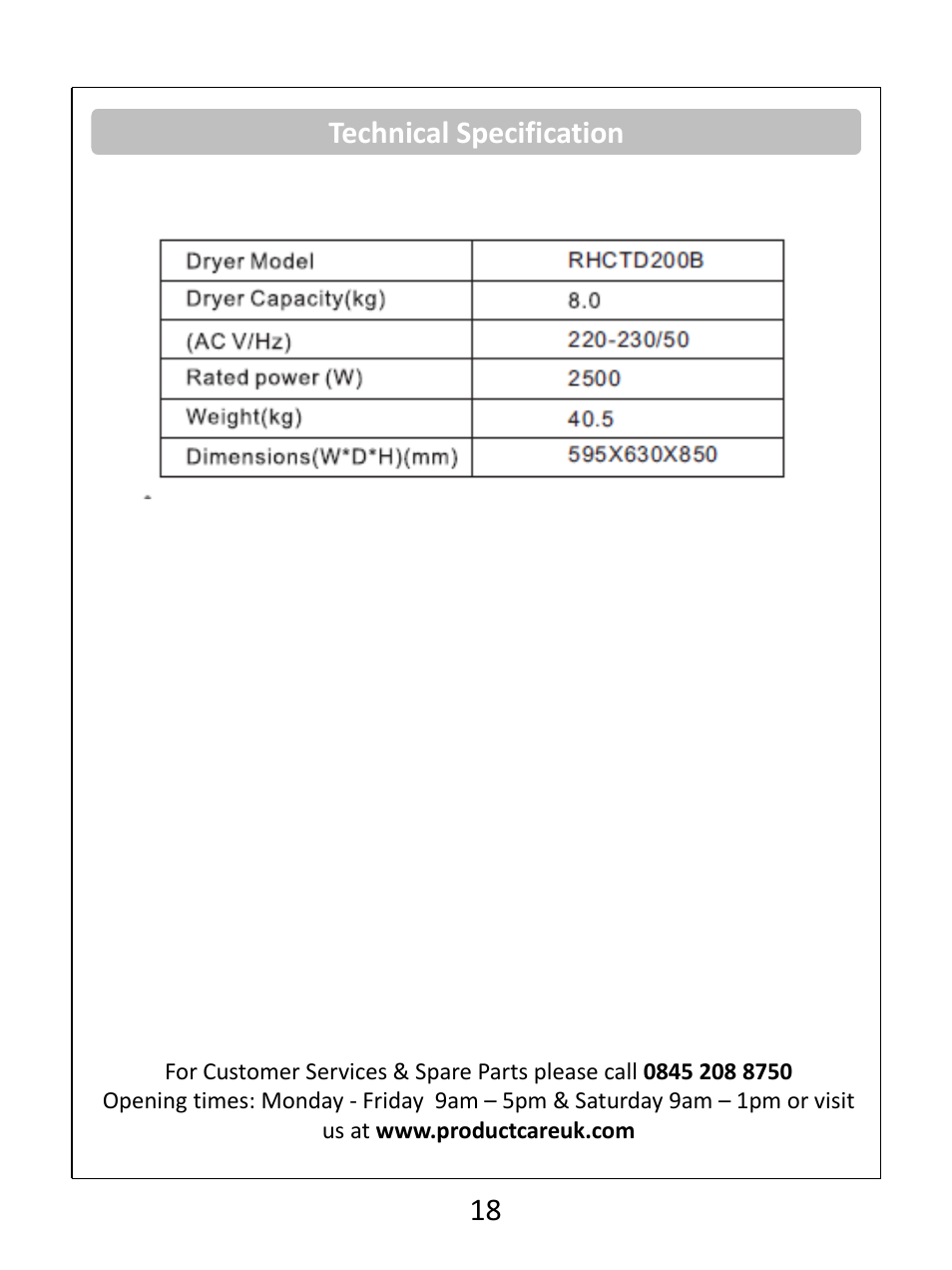 Technical specification 18 | RUSSELL HOBBS Condenser Tumble Dryer RHCTD200B User Manual | Page 20 / 24