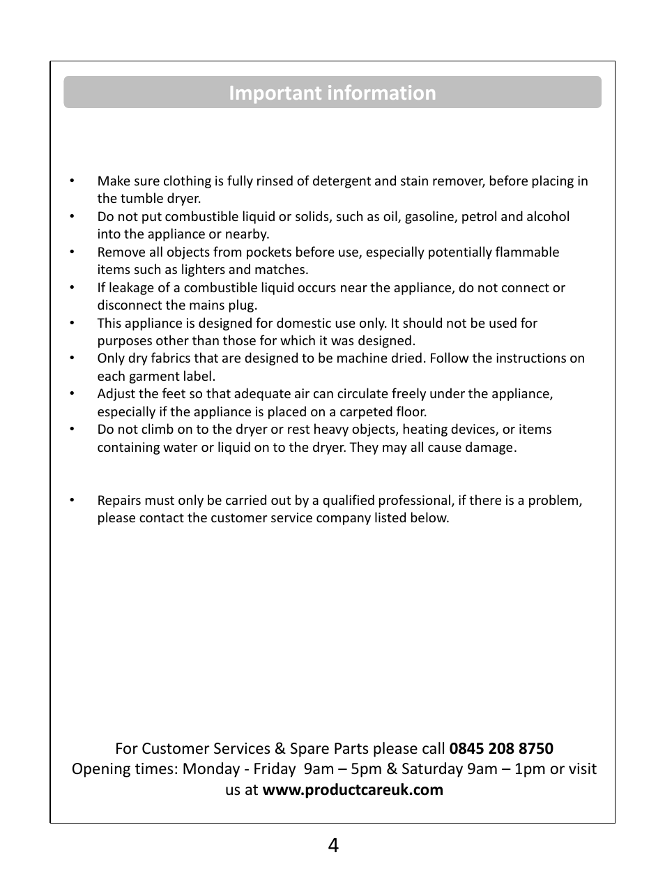 Important information | RUSSELL HOBBS Condenser Tumble Dryer RHCTD200B User Manual | Page 6 / 24