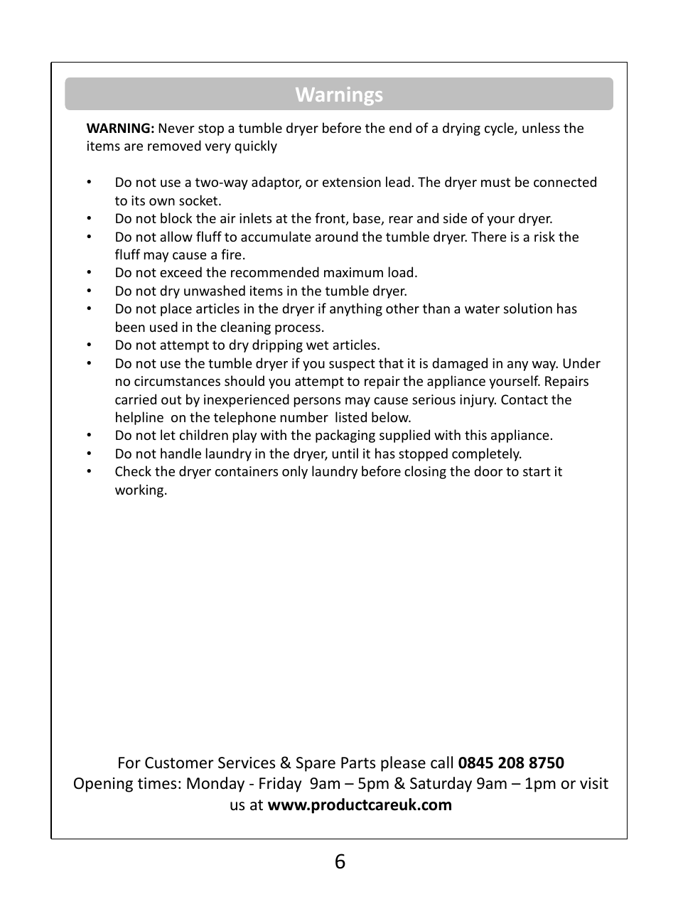 Warnings | RUSSELL HOBBS Condenser Tumble Dryer RHCTD200B User Manual | Page 8 / 24