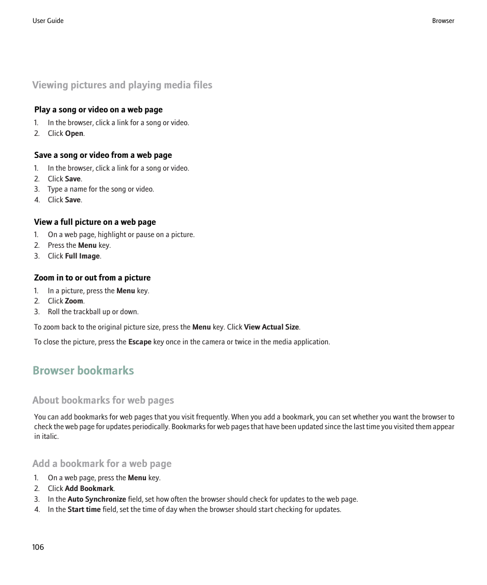 Browser bookmarks, Viewing pictures and playing media files, About bookmarks for web pages | Add a bookmark for a web page | Blackberry 9000 User Manual | Page 108 / 275