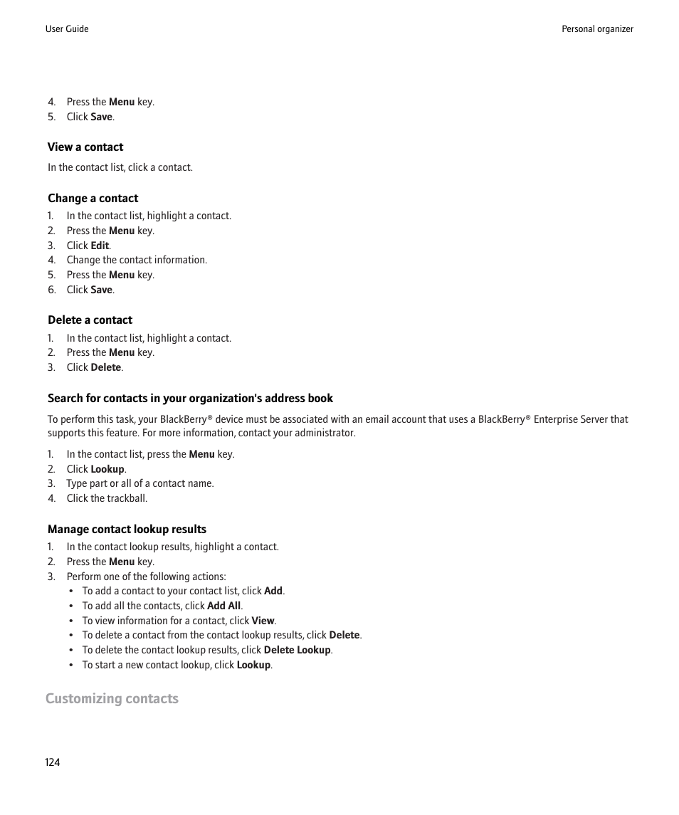 Change a contact, 124, Customizing contacts | Blackberry 9000 User Manual | Page 126 / 275