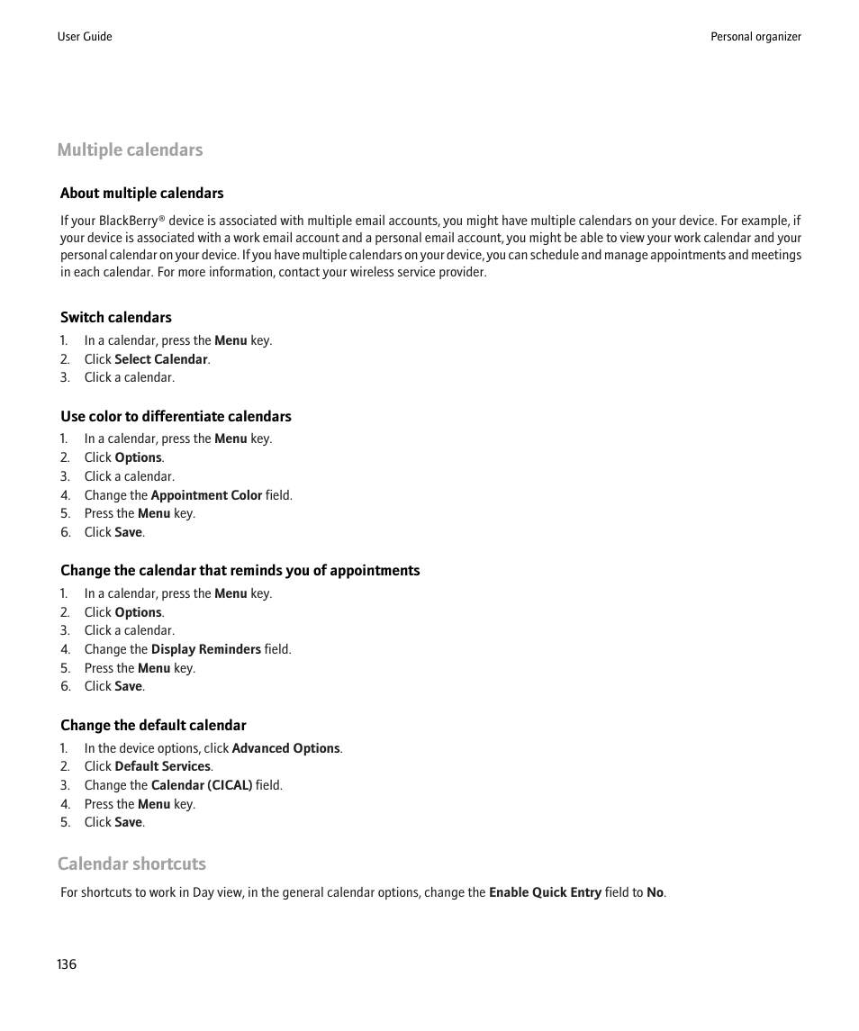 Multiple calendars, Calendar shortcuts | Blackberry 9000 User Manual | Page 138 / 275