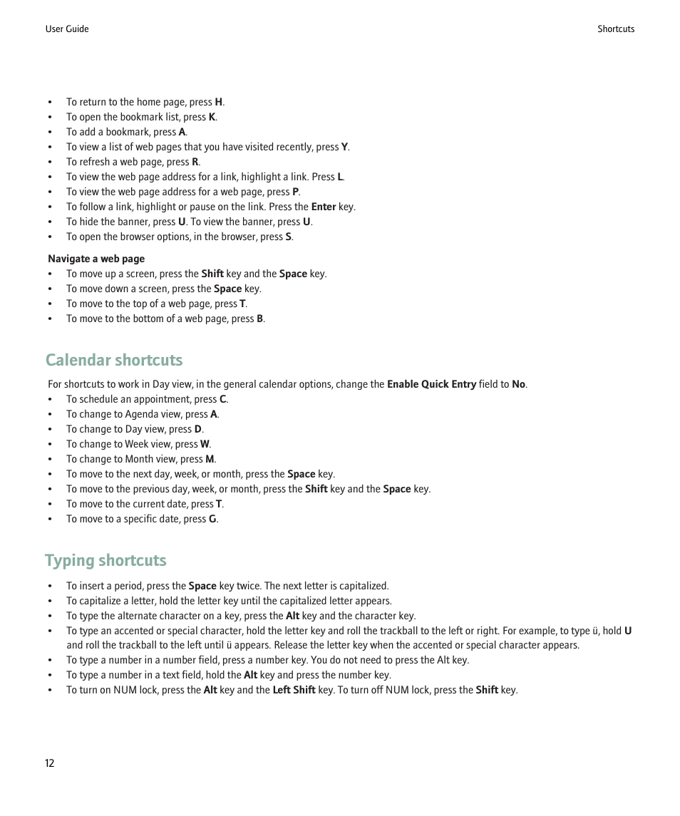 Calendar shortcuts, Typing shortcuts | Blackberry 9000 User Manual | Page 14 / 275