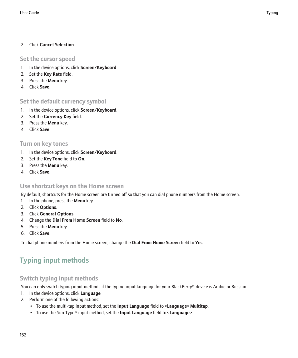 Typing input methods, Switch typing input methods, Set the cursor speed | Set the default currency symbol, Turn on key tones, Use shortcut keys on the home screen | Blackberry 9000 User Manual | Page 154 / 275