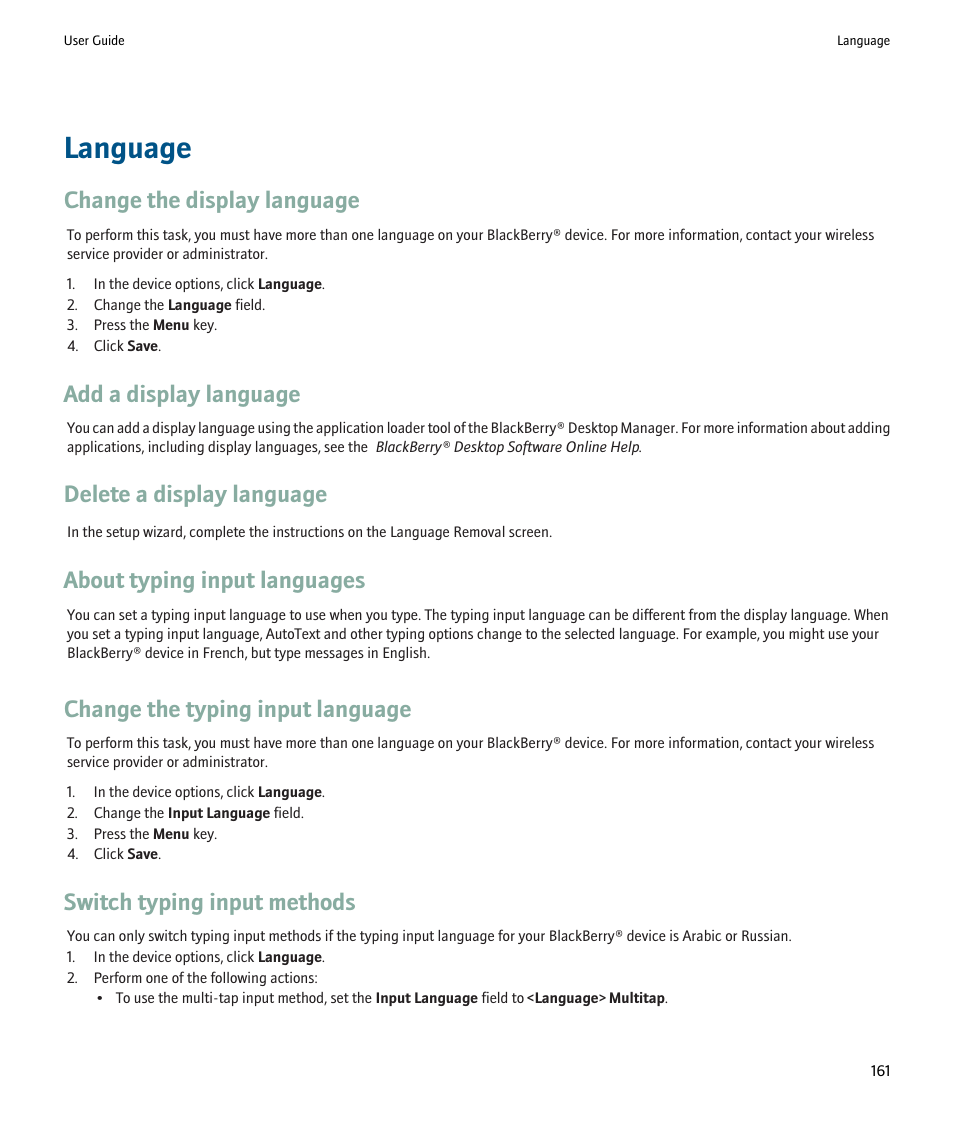 Language, Change the display language, Add a display language | Delete a display language, About typing input languages, Change the typing input language, Switch typing input methods | Blackberry 9000 User Manual | Page 163 / 275