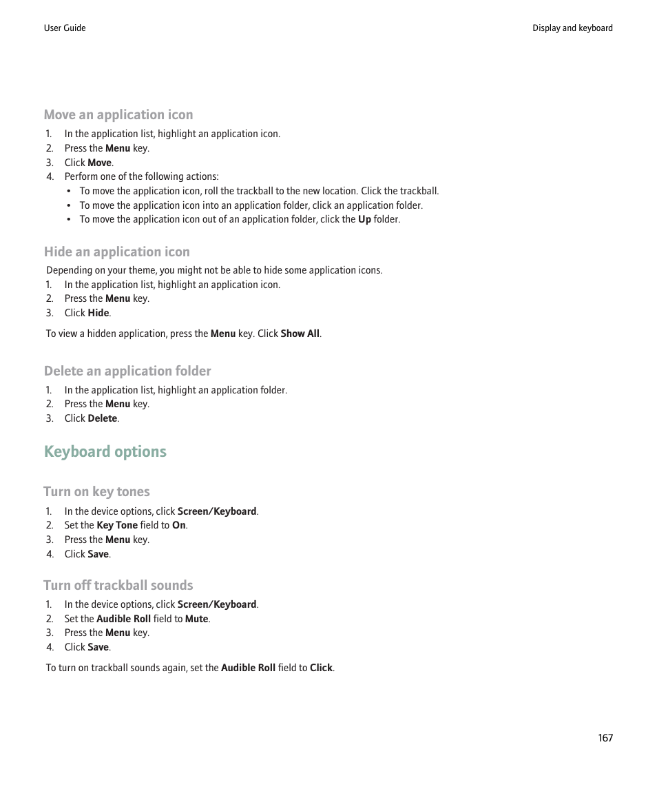 Keyboard options, Move an application icon, Hide an application icon | Delete an application folder, Turn on key tones, Turn off trackball sounds | Blackberry 9000 User Manual | Page 169 / 275