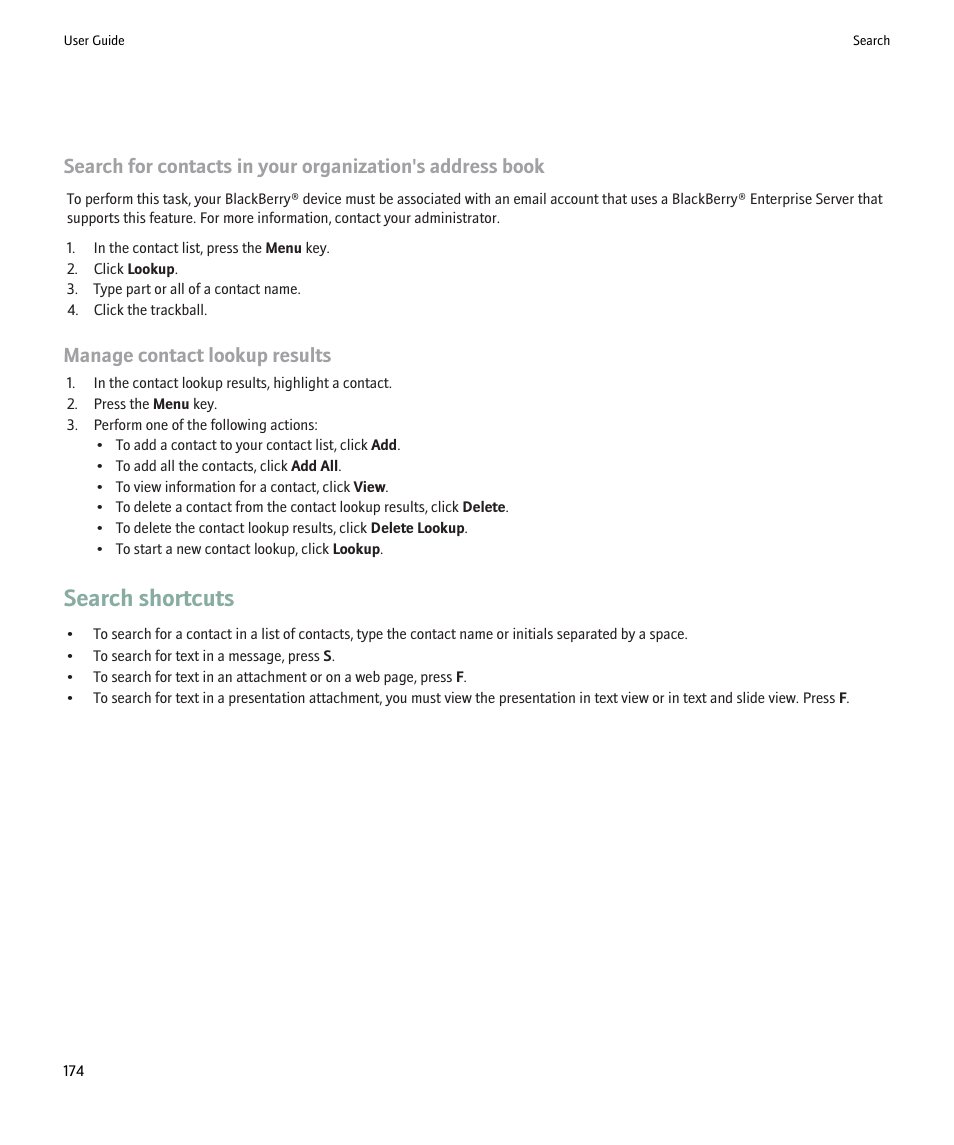 Search shortcuts, Manage contact lookup results | Blackberry 9000 User Manual | Page 176 / 275