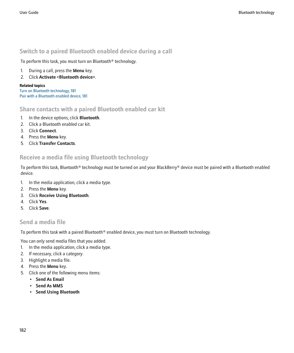 Receive a media file using bluetooth technology, Send a media file | Blackberry 9000 User Manual | Page 184 / 275