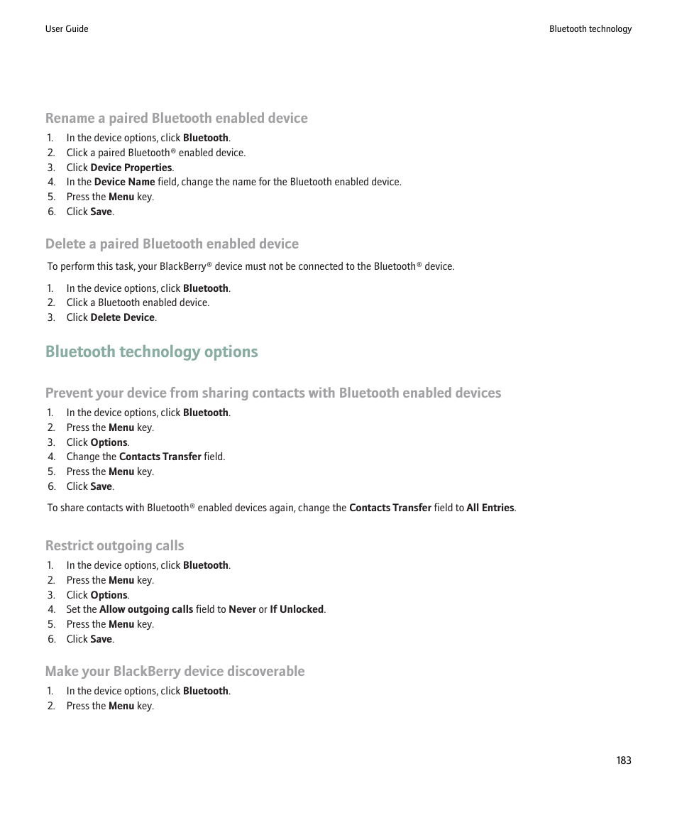 Bluetooth technology options, Rename a paired bluetooth enabled device, Delete a paired bluetooth enabled device | Restrict outgoing calls, Make your blackberry device discoverable | Blackberry 9000 User Manual | Page 185 / 275