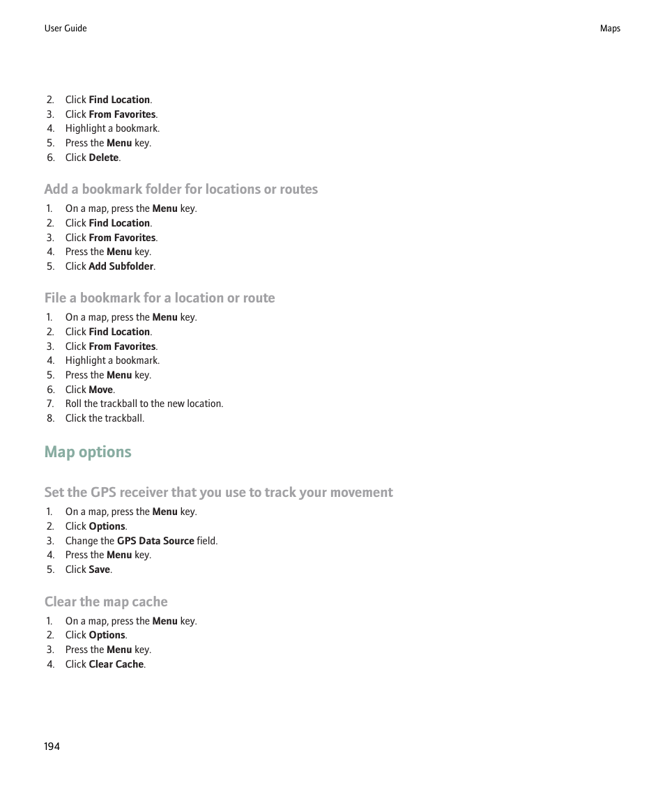 Map options, Add a bookmark folder for locations or routes, File a bookmark for a location or route | Clear the map cache | Blackberry 9000 User Manual | Page 196 / 275